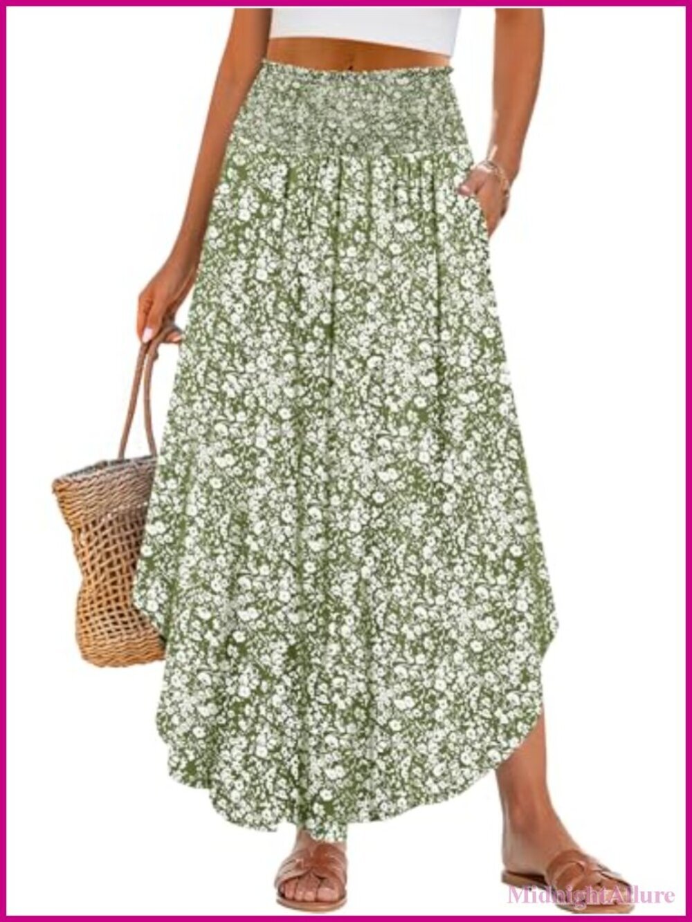 Maxi Skirt Flowy Pleated High Waisted with Pockets Boho